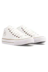 Championes de media bota John Foos modelo 164, color blanco con detalles en dorado y suela de goma con líneas marrones.
