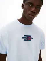 Remera de manga corta Tommy Hilfiger, color celeste, con cuello redondo y logo de la marca estampado en el centro del pecho.