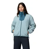 Campera polar de mujer Columbia, modelo Sequoia Grove, en color celeste con detalles en azul oscuro en el cuello y cierre. Presenta cuello alto, cierre frontal completo, bolsillos laterales con cierre y elásticos en puños y dobladillo.