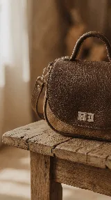 Cartera de mano tipo bandolera confeccionada en cuero vacuno, con diseño bicolor que combina una solapa superior en color negro y cuerpo en color marrón. Presenta un cierre metálico frontal giratorio, asa superior rígida y correa larga ajustable y extraíble.