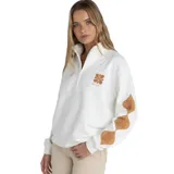 Buzo blanco de cuello alto con cierre parcial, manga larga y estampado de flores color naranja en el pecho y en la manga.