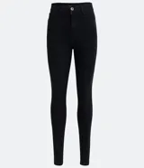 Pantalón skinny jeans de tiro alto, con cierre de botón y cremallera, trabillas para cinturón y bolsillos funcionales en frente y espalda. Confeccionado en tejido de mezclilla con elasticidad.