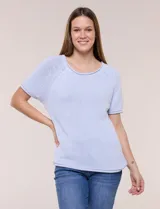 Buzo tejido de punto jersey de algodón color celeste, con escote redondo amplio, mangas cortas raglán con detalles de textura calada y terminaciones con borde enrollado.
