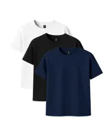 Pack de tres remeras lisas de algodón con bolsillo en el pecho. Incluye una remera blanca, una azul marino y una negra.
