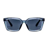 Lentes de sol unisex con armazón translúcido de color gris y cristales oscuros, de diseño rectangular y moderno.