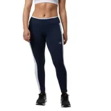 Calza deportiva New Balance color azul marino con cintura alta y banda blanca en la cintura y a lo largo de la pierna.