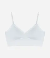 Soutien blanco de microfibra, estilo top alargado, con encaje en el escote, sin costuras, sin aro y con copas removibles.