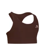 Top deportivo marrón Topper Training Básico con espalda nadadora y logo estampado en el frente.