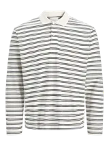 Chomba de manga larga de Jack & Jones, color blanco con finas rayas horizontales negras, cuello camisero y cierre frontal de botones.