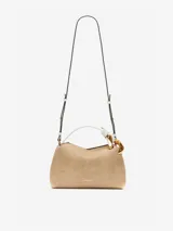 Bolso bandolera color arena de JW Anderson con detalles dorados y correa blanca.