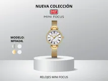 Reloj de pulsera Mini Focus modelo MF0424L para mujer, con caja dorada redonda con strass, dial blanco con números romanos y malla metálica dorada. Resistente al agua (30m).