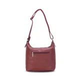 Bandolera color bordó de símil cuero con dos bolsillos frontales con cierre, un bolsillo trasero y tres bolsillos internos. Incluye correa larga regulable a tono.