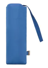 Paraguas mini plegable de color azul, con diseño liso y correa de mano a juego. Incluye detalle de placa metálica con logo de la marca.