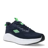Championes deportivos Umbro modelo Fury, color azul marino con detalles en verde neón. Presentan exterior de tejido transpirable, cierre con cordones y entresuela blanca con amortiguación.