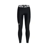 Calza deportiva negra Under Armour HeatGear, de tiro alto con pretina ancha con el logo de la marca en blanco.
