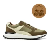 Zapato casual Hi-Tec Dylan de cuero color marrón, con detalles en verde oliva y beige. Tiene suela blanca con detalles en negro y cordones marrones.