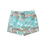 Short de baño Reef con estampado de palmeras y olas en tonos celeste, blanco, amarillo y rojo.