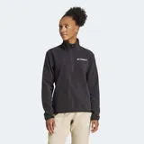 Campera de felpa polar Adidas Terrex color negro, de ajuste clásico con cierre corto y cuello alto. Cuenta con puños elásticos y el logo de la marca estampado en el pecho.