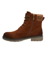 Botín de gamuza color café con ajuste de cordones, cuello de tejido de punto acanalado y suela de goma con relieve.