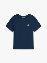 Remera de manga corta Tommy Hilfiger de corte regular, color azul marino, con cuello redondo en contraste color blanco y logo script bordado en el pecho.
