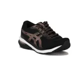Championes Asics Gel-Nagoya 6 de running para mujer, en color negro con detalles metalizados en tono rosado o cobre, entresuela blanca y suela negra.