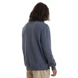 Buzo azul de corte clásico con cuello redondo y logo pequeño bordado en el pecho.