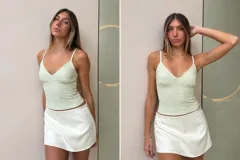 Top corto de tirantes finos, con escote en V y diseño ajustado, con estampado a cuadros en tonos marrones y blancos.