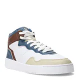 Championes de corte alto tipo botita, con diseño urbano y paneles en colores blanco, azul, marrón y beige. Presentan cierre con cordones y suela de goma blanca.