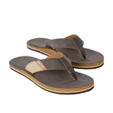 Chancletas Rip Curl modelo Oxford Bloom Open Toe, con base marrón oscuro, suela de rayas en tonos tostados y tira de tela combinada en negro y beige con el logo de la marca bordado.