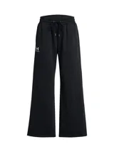 Pantalón deportivo Under Armour Icon Fleece para mujer, color negro, de corte holgado y pierna ancha, con cintura elástica ajustable con cordón, bolsillos laterales y logo estampado en la pierna izquierda.