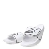 Sandalias Puma Leadcat 2.0 V de diseño ergonómico, color blanco con detalles en negro. Presentan una banda superior ajustable con cierre de velcro y el logo de la marca estampado en contraste.