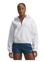 Buzo tipo hoodie de Under Armour, color blanco, con cierre frontal de media longitud, capucha y bolsillo canguro. Presenta hombros caídos y puños acanalados.