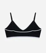 Soutien tipo bralette de diseño seamless en color marrón oscuro, con ribetes en contraste color blanco y banda inferior en color lila. Presenta copas desmontables y breteles finos ajustables.