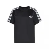 Remera Adidas Firebird negra con cuello redondo, mangas cortas y las tres rayas características de la marca en blanco a lo largo de los hombros y mangas. Incluye el logo del trébol de Adidas en el pecho.
