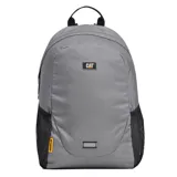 Mochila urbana color gris con detalles en negro, marca Caterpillar. Confeccionada en poliéster 600D con recubrimiento de poliuretano, cuenta con un compartimento principal acolchado para laptop de hasta 15.6 pulgadas, bolsillos laterales de malla y correas ajustables. Incluye elementos reflectantes y el logo de CAT en el frente.