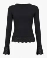 Remera negra de manga larga con cuello redondo, confeccionada en tejido suave con detalles de encaje en el borde inferior y en las mangas.