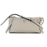 Cartera bandolera Guess modelo Devon de diseño estructurado, color gris con efecto texturizado. Presenta herrajes dorados, logo triangular frontal de la marca y charm colgante decorativo. Cuenta con cierre superior y correa ajustable.