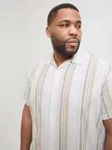 Camisa de manga corta con cuello resort y cierre frontal de botones. Presenta un diseño de rayas verticales en tonos neutros y un corte relajado.