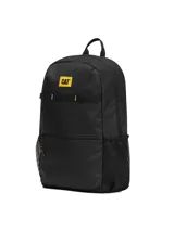 Mochila Caterpillar modelo Liam Backpack, color negro, con compartimento principal con cierre, bolsillo frontal con cierre, bolsillos laterales de malla y detalles en amarillo.