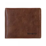 Billetera plegable de diseño compacto, confeccionada en símil cuero con acabado jaspeado en tono marrón. Presenta costuras reforzadas en contraste y el logo de la marca grabado en la esquina inferior derecha. Su interior cuenta con compartimentos para billetes, tarjetas y un cierre oculto para mayor seguridad.