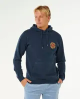 Canguro Rip Curl de color azul marino, con capucha ajustable mediante cordón, bolsillo tipo canguro en la parte frontal y estampado circular con logo en el pecho.