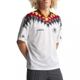 Camiseta de fútbol Adidas titular de Alemania de 1994, de manga corta, color blanco con diseño gráfico geométrico en el pecho y cuello en los colores negro, rojo y amarillo.