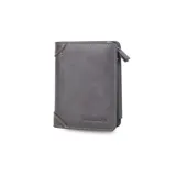 Billetera de cuero color marrón oscuro con broche metálico. Incluye monedero con cierre, compartimento para billetes y ranuras para tarjetas.