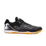 Championes deportivos Joma Maxima 2501 Indoor para fútbol sala, color negro con detalles en blanco y suela de goma color caramelo. Cuentan con refuerzo de goma en el calcetín mediante tecnología PROTECTION, mediasuela con amortiguación mejorada, suela de goma DURABILIDAD con alta resistencia a la abrasión y buen agarre en superficies internas, sistema de líneas FLEXO para una transición más natural, parte delantera de cuero sintético duradero y con buen contacto con el balón, perforación VTS para mejorar la ventilación del sudor y tecnología JOMA SPORTECH (TPU) sin costuras para un ajuste ceñido.