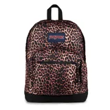 Mochila Jansport Right Pack con estampado animal print en tonos marrones y negros. Cuenta con un compartimento principal con cierre, un bolsillo frontal con cierre, un asa de mano en la parte superior y correas acolchadas ajustables para los hombros. El logo de Jansport está bordado en la parte frontal.