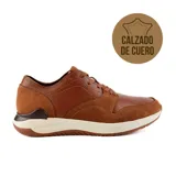 Zapato de vestir acordonado color marrón, con suela blanca y detalles en cuero liso y texturizado.