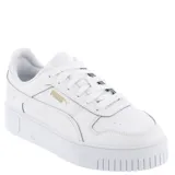Championes Puma Carina Street Plataforma de mujer, color blanco con logo dorado. Presentan una suela de goma durable y antideslizante, y una entresuela acolchada.