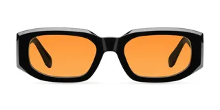 Lentes de sol rectangulares negros con lentes color naranja.