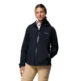 Campera impermeable Columbia modelo Ampli-Dry II Shell, color negro, con capucha ajustable, cierre frontal y bolsillos con cremallera.