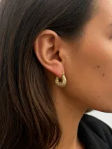 Aros tipo argolla pequeña con diseño en forma de herradura, bañados en oro y cubiertos de strass brillante.